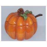 Sur La Table earthenware pumpkin tureen with spoon. Interior diameter 8.75 in x 8.75 in tall. Spoon is earthenware and 10 in long.