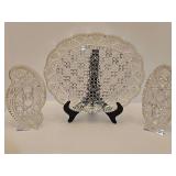 American brilliant cut glass Fentec pattern olive dish 7.5 in tall, sawtooth cut glass celery dish 8 in tall, and vintage Mikasa crystal Georgian cut oval serving dish, 12 x 9.25 in.