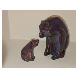 Mid-century style ceramic bear figurine with cub featuring a glossy, blended blue, purple, and brown drip glaze. 8.5 in tall and 4.5 in tall. Adorable.