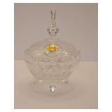 West Germany hand cut crystal-footed candy dish with lid. 4x6.5 in tall.