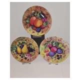 Three Godinger Email de Limoges enamel hand-decorated fruit plates. 7.5 in diameter