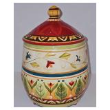 Cookie jar or canister by Fitz & Floyd Global Market collection, featuring a vibrant red lid and hand-painted botanical leaf motifs. 9.75 in tall including lid.