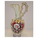 Norleans Mid-century hand-painted porcelain floral ewer or pitcher vase with gold gilt accents. 14 in tall to top of handle.