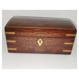 Wood jewelry or trinket box with brass inlay. Very pretty scroll work. No key. 9 x 6 x 4.5 in tall.
