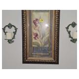 Two iron candle holders with verdigris finish. 9.25x7 in tall. Framed art print is not included.