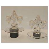 Pair of  "Janice" pattern double candlestick holder featuring a fleur-de-lis design and a round base by Viking Glass in the 1940s or 1950s. 5.25 X5 in tall.
