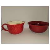 Red 9x3.75-in tall mixing bowl and red 6.5 x 4.5 in tall batter bowl. Better Bowl has utensil marks as shown.