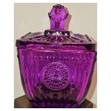 Lovely purple square covered candy dish. 3.5 x 3.5 x 5 in tall including lid. Sticker residue on bottom of dish.