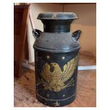 Vintage Black Metal Milk Can w/Gold Eagle - top is marked Manchester Dairy System - gold is peeling from Eagle
