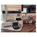 Vintage Portable Singer Sewing Machine (working condition) and clear box of sewing notions