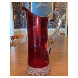 Beautiful Pavonia Clear and Ruby Glass Water Pitcher by Ripley EAPG - 11-3/4” tall