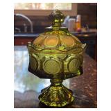 Fostoria Olive Green Coin Glass Lidded Pedestal Candy/Nut Dish - 8-1/2” tall