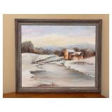 Unsigned oil on board wintertime scene of flowing creek alongside homestead - framed in faux wood