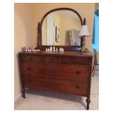 Antique mahogany dresser with an attached arched swivel mirror - dresser is 47-1/2 x 22 x 34-1/2 tall - mirror is 45-1/2 x 32 tall - 2 pieces for transport