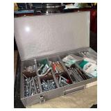 Brumberger stackable metal storage box and contents - divided for screws, nails, clamps and other shop supplies - 14-1/2 x 7-1/2 x 2” tall