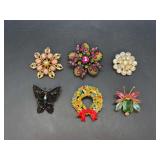 Grouping of (6) stunning brooches - front row center (wreath) is missing the pin stem - top left is a brooch/pendant combo