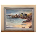 Signed (G.B.T) original framed coastal landscape oil painting depicting a sandy beach, rocky shoreline, small rowboat, and buildings with a flock of seagulls overhead