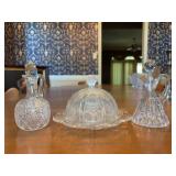 Grouping of (3) clear glass pieces - (2) cruets and (1) pressed glass covered butter dish - end of stopper on the left is broken