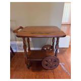 Vintage maple stenciled drop-leaf tea and bar cart with classic colonial-style with large wooden wheels, a lower display shelf - 24 x 15-1/2 x 27-1/4 tall (drop leaf down - 26-3/4 with leaves up