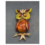 Vintage Enamel ART Signed Glass Cabochon Jelly Belly Rhinestone Owl Bird Brooch Pin