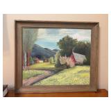 Signed (G.B.T.) oil on canvas farm scene framed in a nice looking faux oak finish frame
