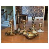 Selection of brass - (6) candlesticks and (1) brass bird - candlesticks are 3 to 7-1/4” tall and have wax residue on some
