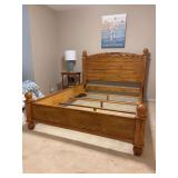 Very nice solid wood queen size bed with carved headboard and mattresses (see all pics as mattresses are in another room) - this is a very nice bed