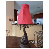 Vintage Resin Tall Monkey Palm Tree Lamp with Bronze-Finish Table and Red Fabric Beaded Fringe Shade - 25-1/4” tall