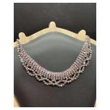Gorgeous multi-strand rhinestone statement collar necklace featuring shimmering, multicolored crystals and a delicate scalloped lattice edge - matching pieces in Lot 395J