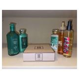 Grouping of new bath products - Bath & Body Works soaps/lotions/body sprays and a box of initial “H” soap squares