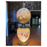 Antique Victorian-style double-globe "Gone with the Wind" (GWTW) parlor table lamp - 30” tall - working condition - there is tape residue on globe from previous packing - 2 very tiny chips around ri