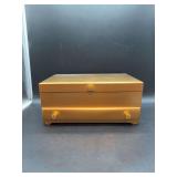 Vintage mid-century Lady Buxton tiered gold vinyl jewelry box featuring an instrument scrollwork pattern on the inner - inside needs cleaned