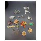 Great grouping of vintage brooches - silver rose and silver floral are missing pin stems