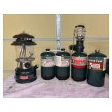 Coleman adjustable gas lantern, Coleman Propane lantern and propane fuel (2 appear new and 1 is used)
