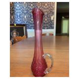 Cranberry glass hobnail swung stretch vase featuring a textured base with a delicate applied clear glass handle - 12” tall
