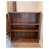 Wooden bookshelf with glass shelf overlay (slight damage on top left corner) - 29-3/4 x 11-1/2 x 31-1/2 tall