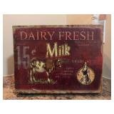 Rustic “Dairy Fresh Milk" decorative wooden box featuring a vintage cow illustration and a distressed red and cream finish - 13 x 10 x 6-1/2 tall