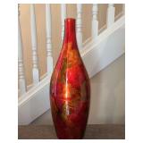 Glossy ceramic floor vase featuring a vibrant marbled finish of red, copper, and gold foil - 24-1/2” tall