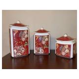 Set of (3) 222 Fifth Gabrielle Red Fine China Canisters with lids - 10”, 8-1/2 and 6” tall to top of lid