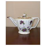 Beautiful Lefton China teapot (JM20610) with purple florals and gold accents - 5” tall