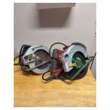 Grouping of (2) corded circular saws - 10” Black & Decker (cord has damage) and 7-1/4” Chicago Electric - both in working condition