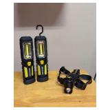 Grouping of (2) Braun Portable Folding LED Work Lights and (1) Quantum LED headlamp - all in working condition