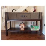 Haverty’s Furniture mahogany finish console table featuring a textured fabric trunk-style design and single drawer - 47-1/2 x 17-1/4 x 30-1/2