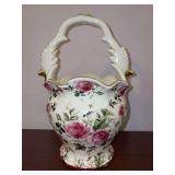 Vintage Ivory Rose Floral and Gold Trimmed Porcelain Basket - 22” tall
