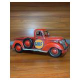 Rustic red vintage-style metal pickup truck decor item featuring a round magnetic "GULF" logo on the doors - 13 x 5-1/2 tall