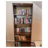 5-shelf wood bookshelf - BOOKS NOT INCLUDED - 28 x 14-1/4 x 72 tall - scuffing along bottom edge and small damaged spot (see pics)