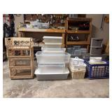 Miscellaneous grouping of all shapes & sizes storage totes (most with no lids), stackable plastic baskets, milk crate - great for picking up and storing your Walker Auction treasures