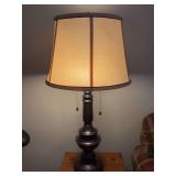 Metal base lamp with washed bronze finish and bright fabric shade (has one tiny stain) - 29-1/4” tall - working condition