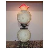 Large Fenton GWTW Art Glass Lamp ~ 30" Burmese Glass Lamp ~ MCM Embossed Cabbage Rose~ Inner Lights & Top Light Lamp - bottom needs a bulb