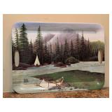 Vintage Sakura Northwoods serving tray featuring fly-fishing design by artist David Carter Brown - 19-1/2 x 14-1/2